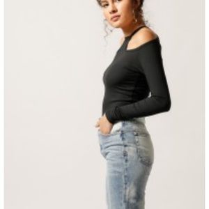 LNA black long sleeve cut out top cold shoulder